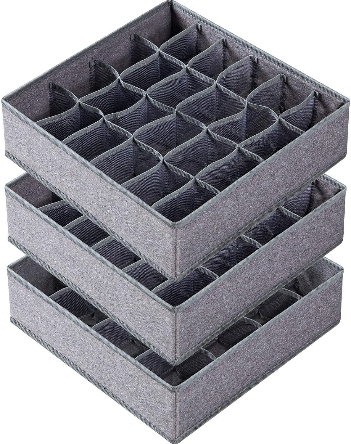 Criusia 3 Pack Sock Underwear Drawer Organizer Dividers, 64 Cell Fabric Foldable Dresser Organizer for Closet Organizers and Storage Boxes for Organizing Socks, Underwear, Ties (16+24+24 Cell, Gray)