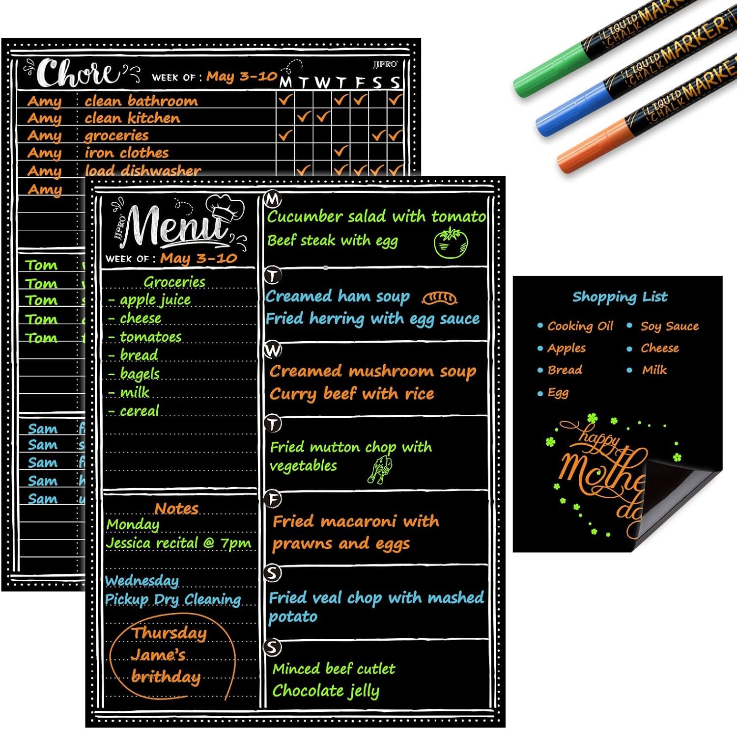 JJPRO Magnetic Dry Erase Menu and Chore Chart Blackboard for Fridge-Weekly Meal Planner Chalkboard,Behavior Chart Chalkboard for Multiple Kids with Notepad Blackboard