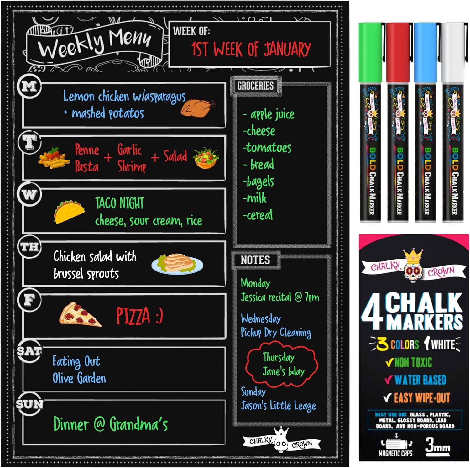 CHALKY CROWN Magnetic Dry Erase Menu Board – Black – 15.6″ x 11.6″