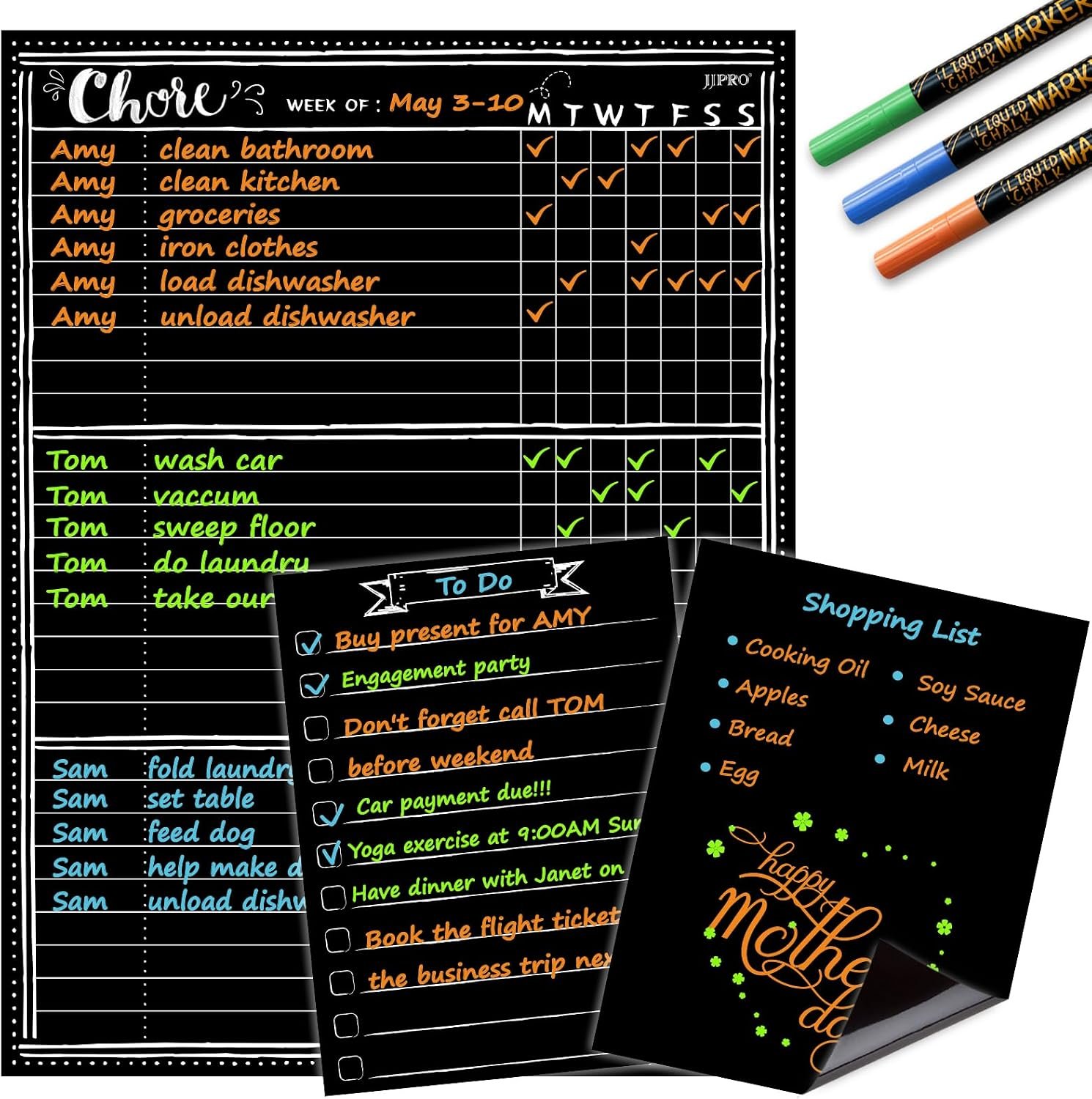 JJPRO Magnetic Dry Erase Chore Chart Blackboard for Fridge-Behavior Chart Chalkboard for Multiple Kids-One Chore Chart and Two Bonus Dry Erase Pad/Grocery Blackboards
