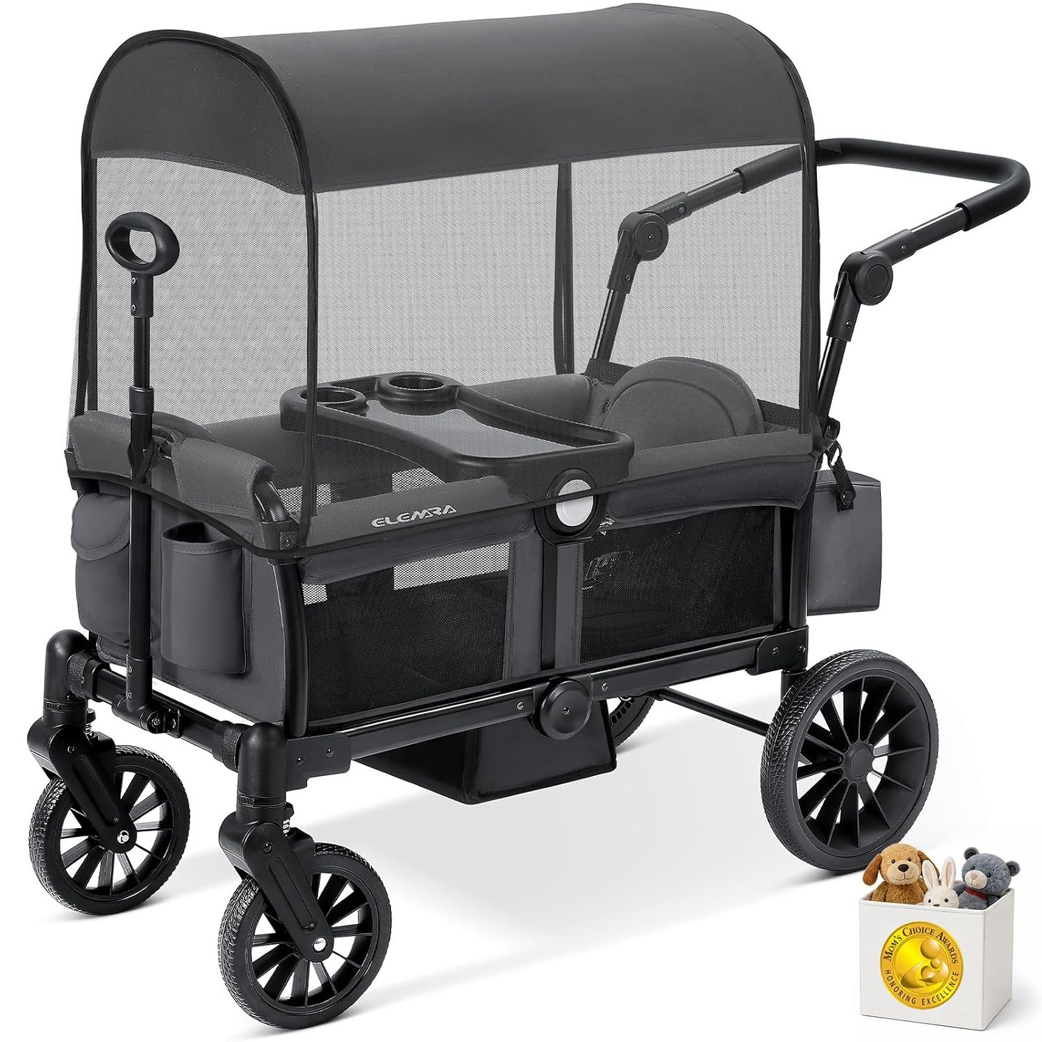 ELEMARA Foldable Wagon Stroller, Stroller Wagon for 2 Kids, Premium All Terrain Wagon for Kids with Removable Canopy, Adjustable Push/Pull Handle, Harnesses, Large Storage Bag, Gray