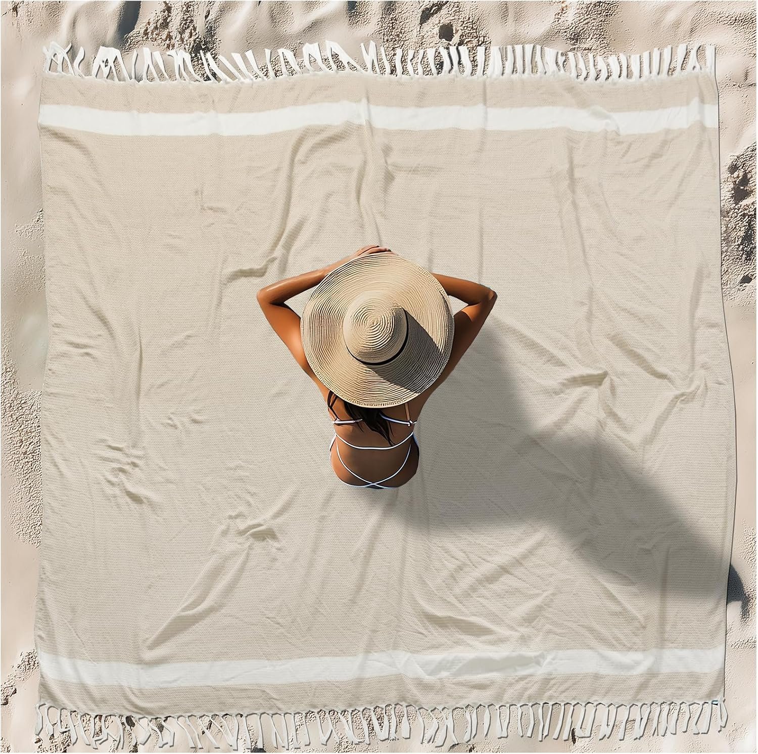 Vikumond Turkish Beach Towel Blanket Oversized 88×82 Inch Quick Dry Beige