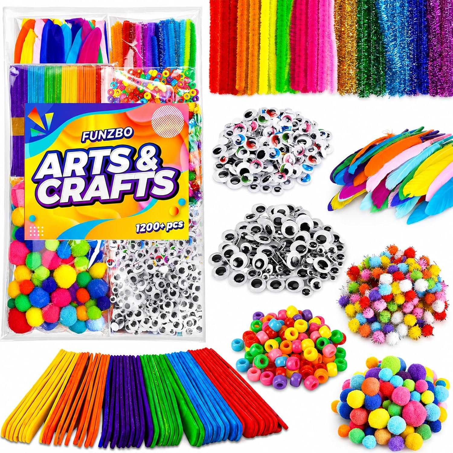 FUNZBO 1200pcs+ Arts and Craft Kits, Pipe Cleaners Pom Poms Popsicle Sticks