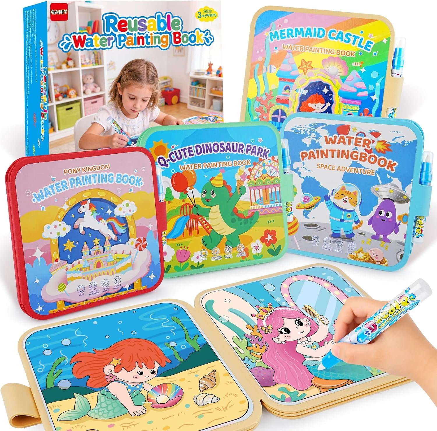 QANIY 4 Pack Reusable Water Painting Book, 40 Vivid Pages Mess-Free Coloring Books, Magic Water Coloring Books with Water Pens for Toddlers, Portable Travel Toys, Gift for Girls & Boys Ages 3+, 3-5