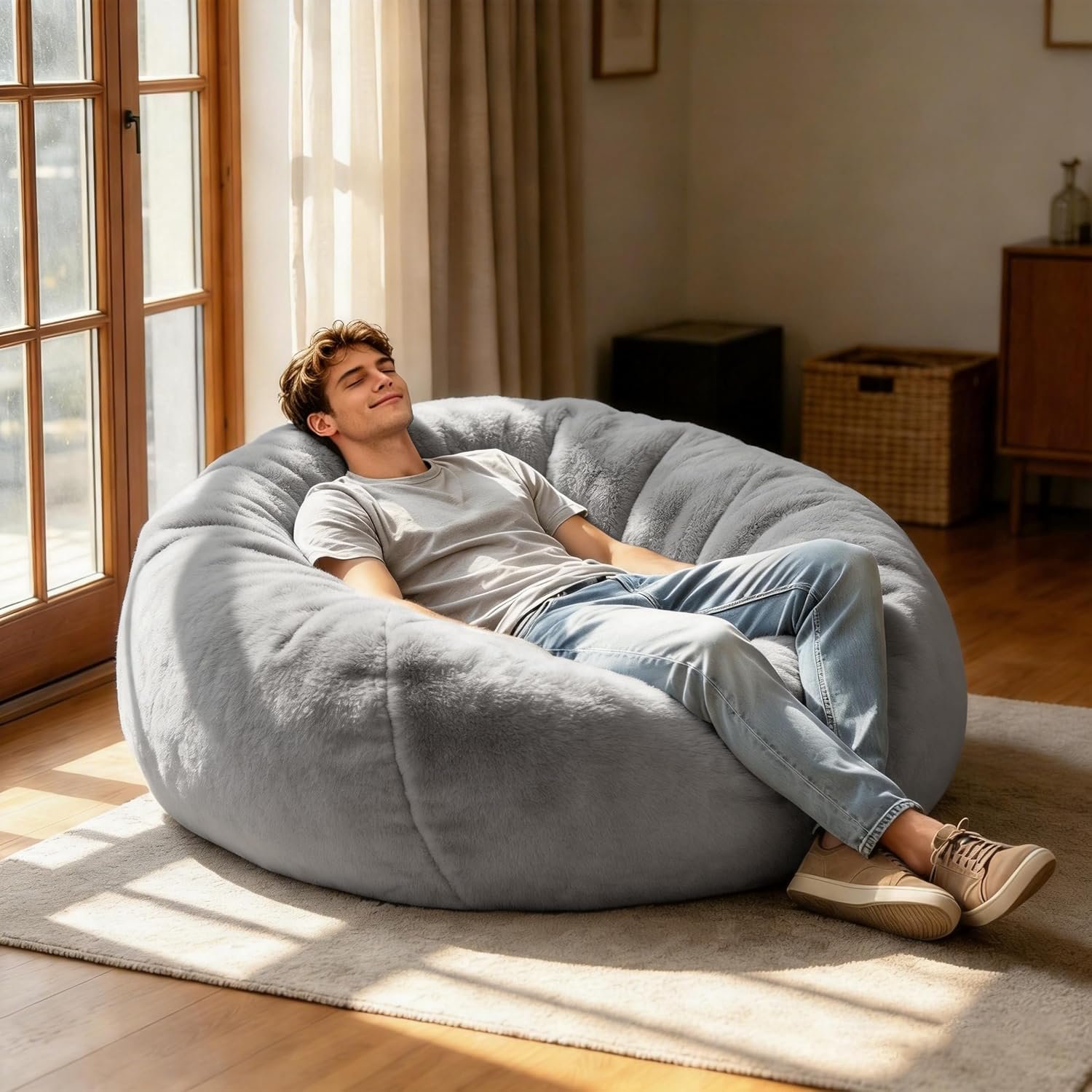Faux Fur Bean Bag Cover (No Filler)Stuffed Animal Storage Adults Light Gray
