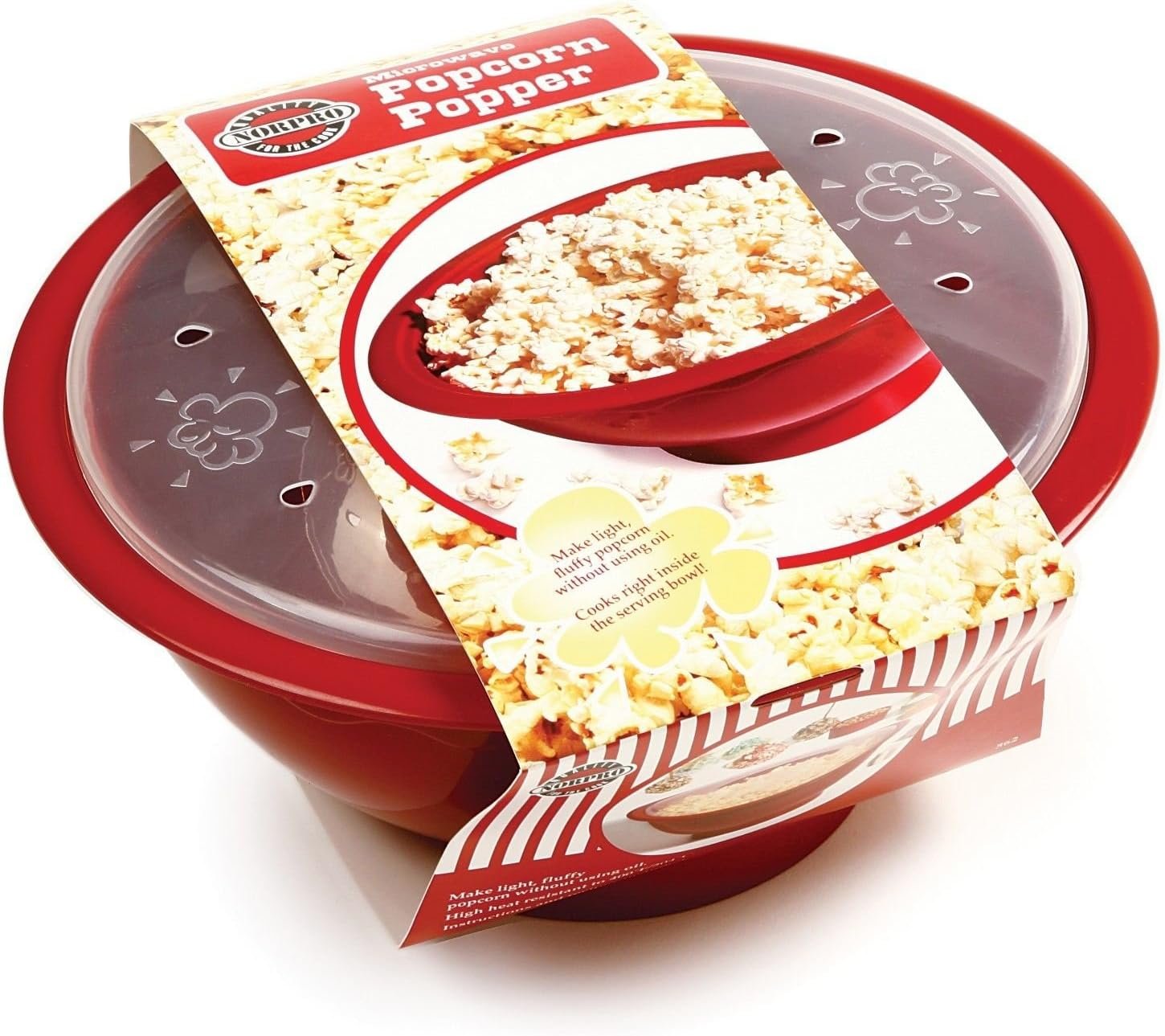 Norpro Microwave Popcorn Popper, 10.5″ x 5″ x 10.5″, Red, w/clear lid