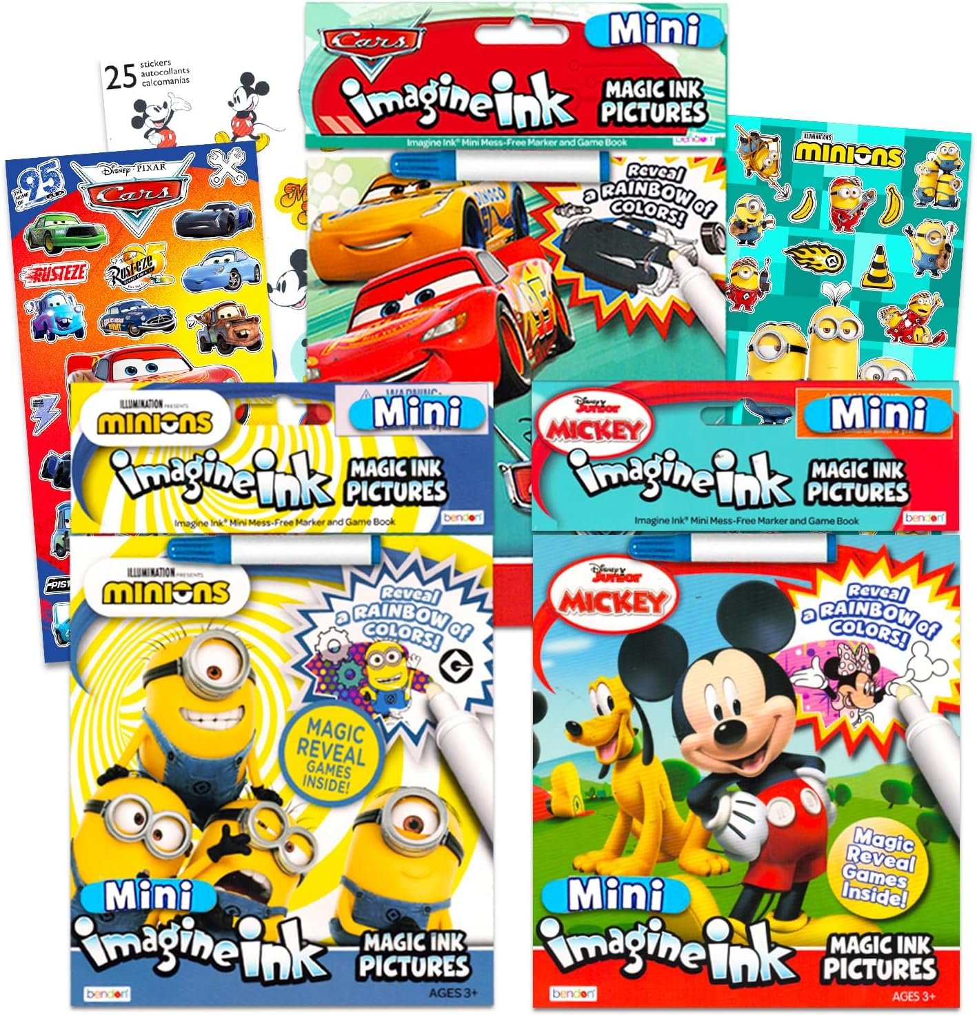 Disney Mickey Magic Ink Coloring Book Set – 3 Imagine Ink Books for Kids Toddlers Featuring Mickey, Disney Cars and Minions with Invisible Ink Pens and Stickers (Mess Free Coloring)