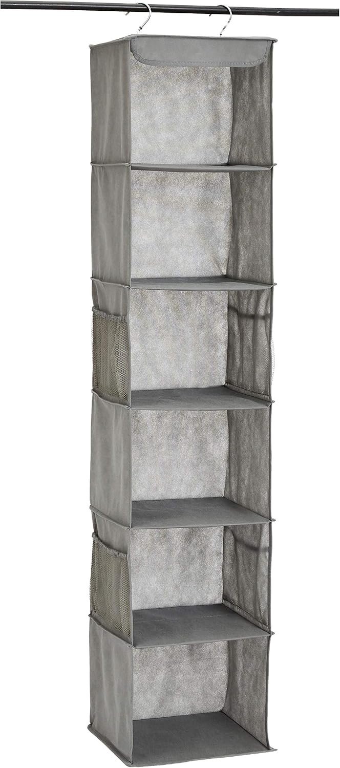 Amazon Basics 6-Tier Hanging Closet Shelf Organizer with Pockets, Clothes Storage for Sweaters and Clothing, 12″ W x 9″ L x 8.5″ H, Grey