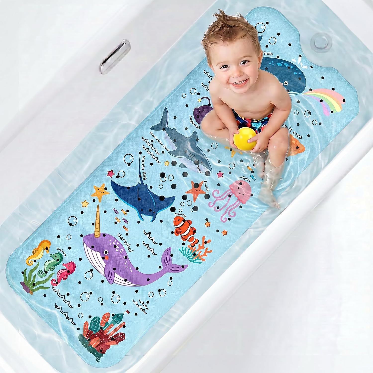 UNEEDE Baby Bathtub Mat Non Slip, 40”x16” Marine Life Bath Mat for Tub