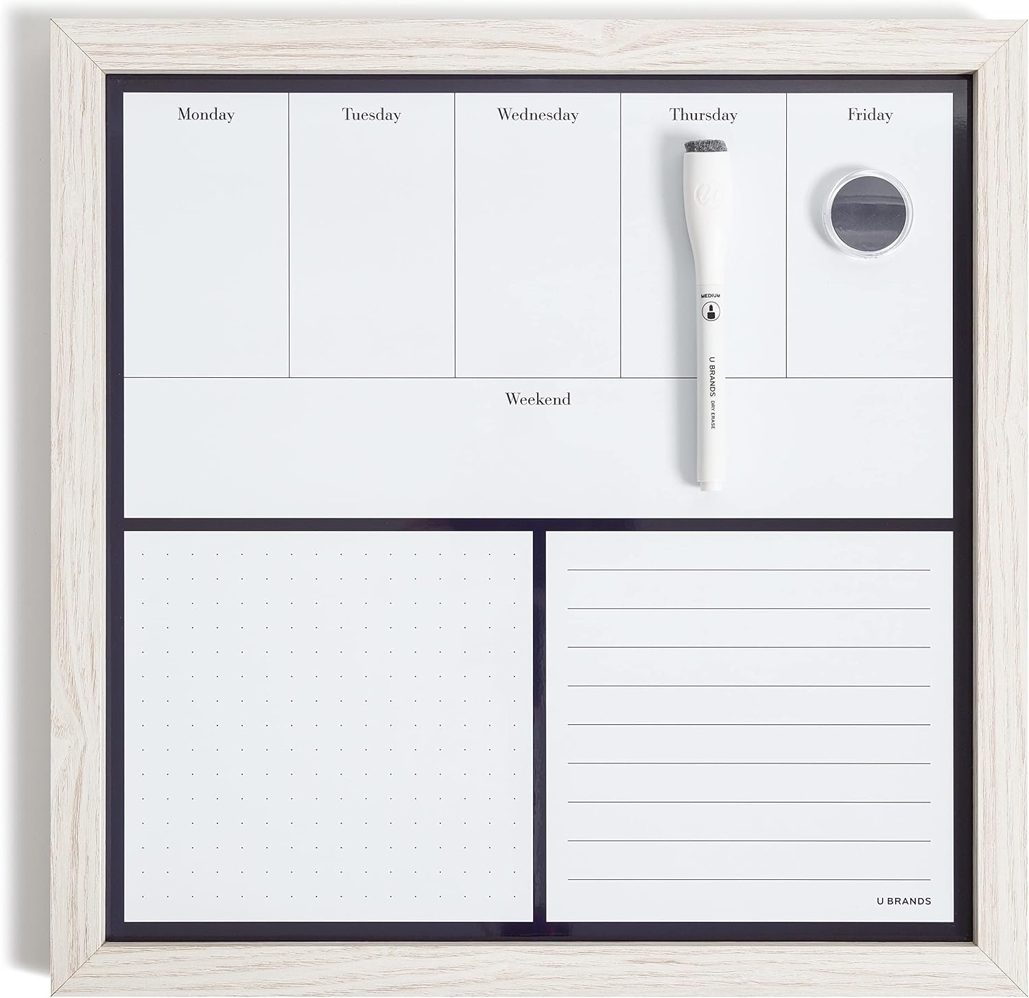 U Brands Rustic Weekly Dry Erase Board with White Wooden Frame, Office Supplies, 14” x 14”