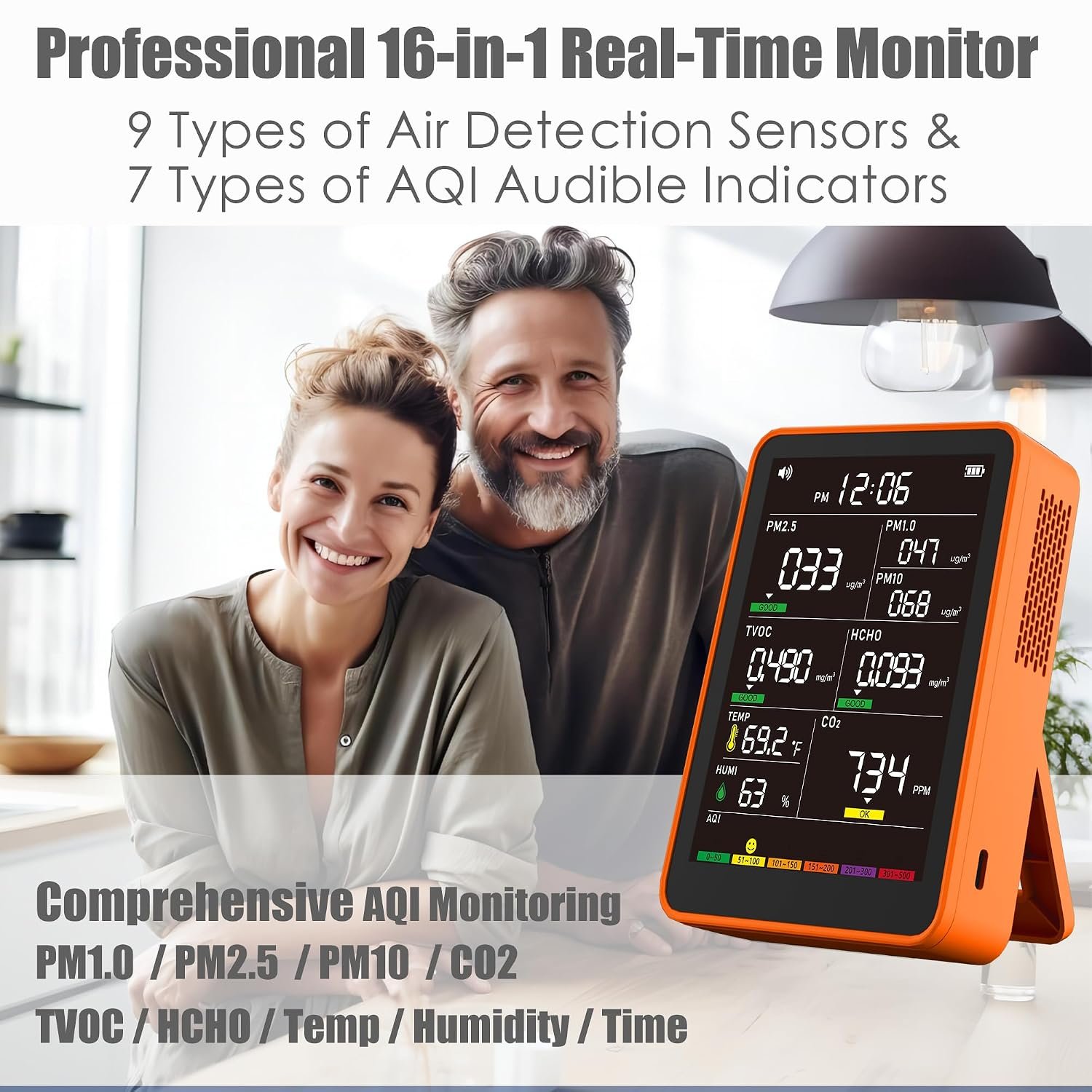 16-in-1 Indoor Air Quality Monitor, High-Precision Multi-Parameter Smart Air Quality Tester with HD Real-Time Color Screen, Portable Air Quality Monitor for Home, Office, Cars, School, Bedroom