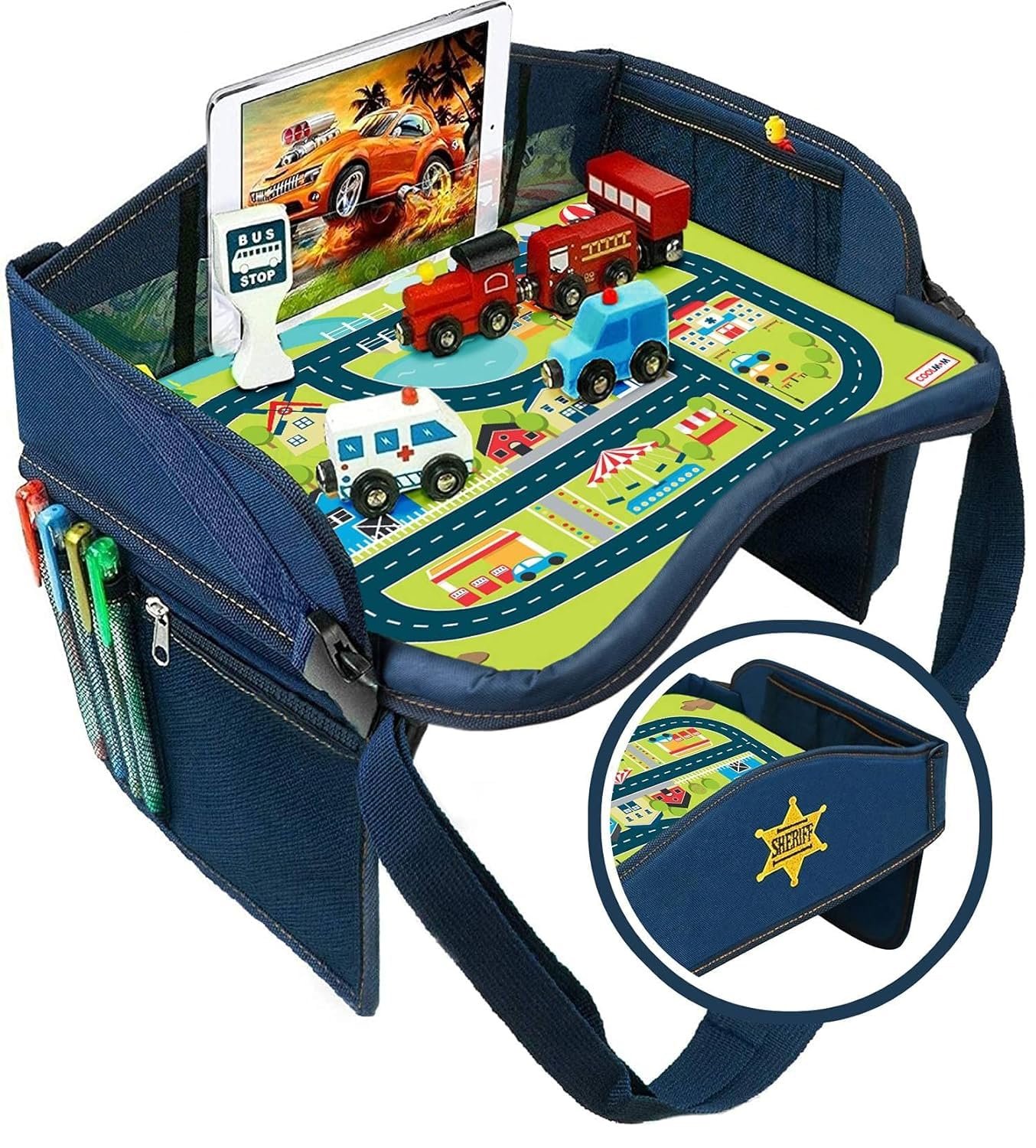Coolmum 2-in-1 Kids Toddler Travel Tray & Back Seat Organizer — Foldable Waterproof Car Tray with Tablet Holder, Cup Holder, Storage Pockets for Road Trips & Airplane (Premium Blue)