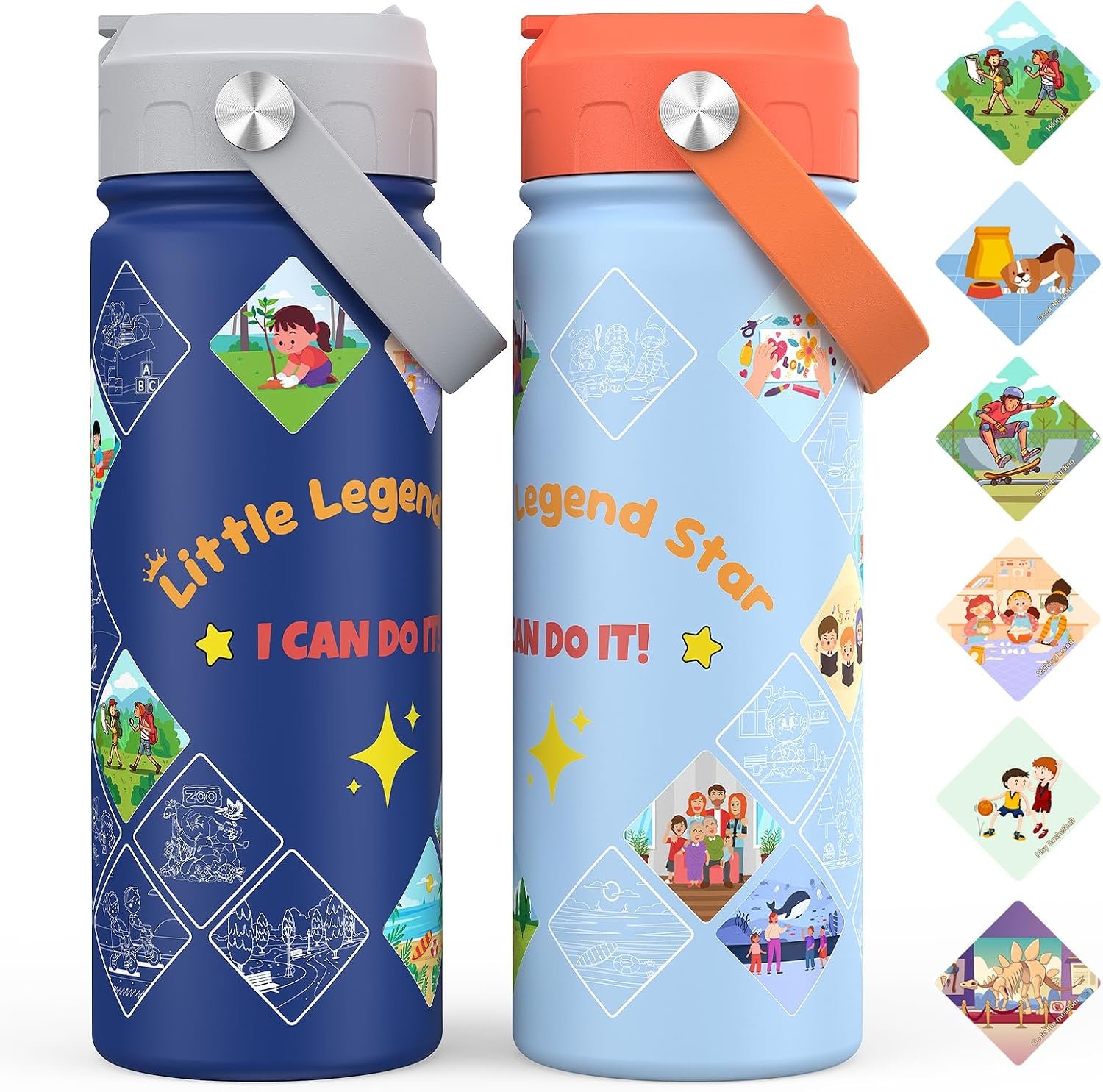 GoKEDA Kids Water Bottle with Stickers, 18oz Vacuum Double Insulated Cup with Straw, 316 Stainless Steel Bottles for School, Gift for Boy(2 Pack, Light Blue and Dark Blue)