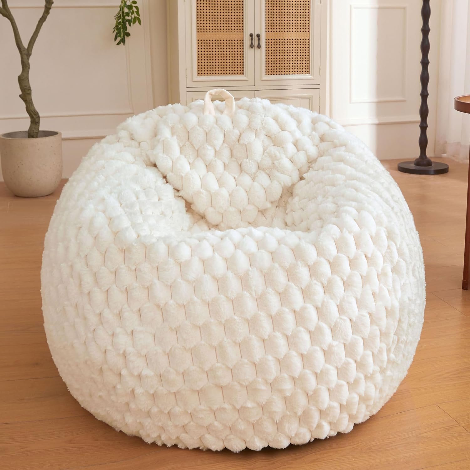 XeGe 3D Bubble Kids Fluffy Faux Rabbit Fur Bean Bag Cover(No Filler), Beige