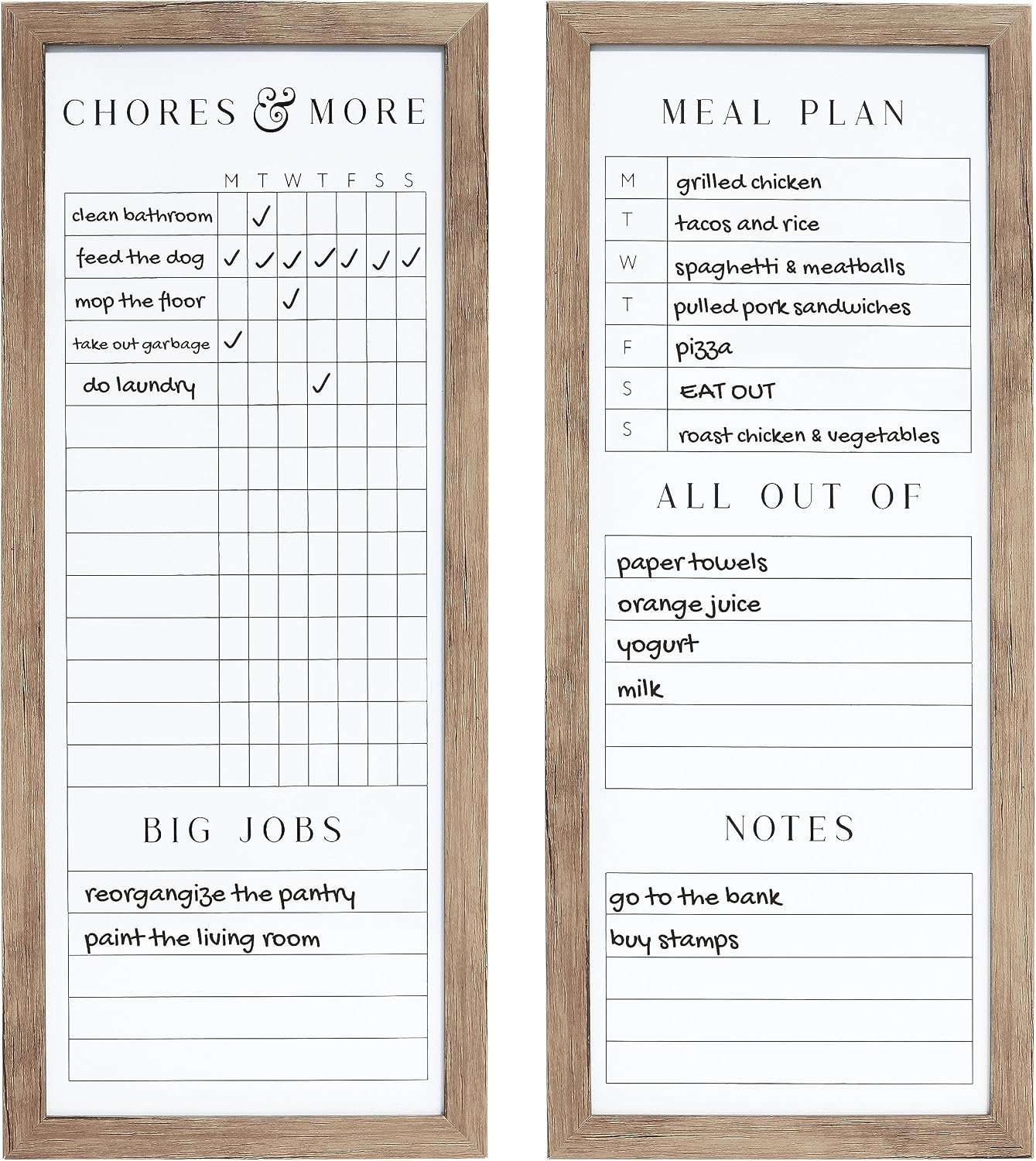 Sheffield Home Set of Two Family Planner Dry Erase Boards Featuring, Chore Chart, Shopping List, Weekly Meal Planner and Notes, 9×21 Inch, Natural
