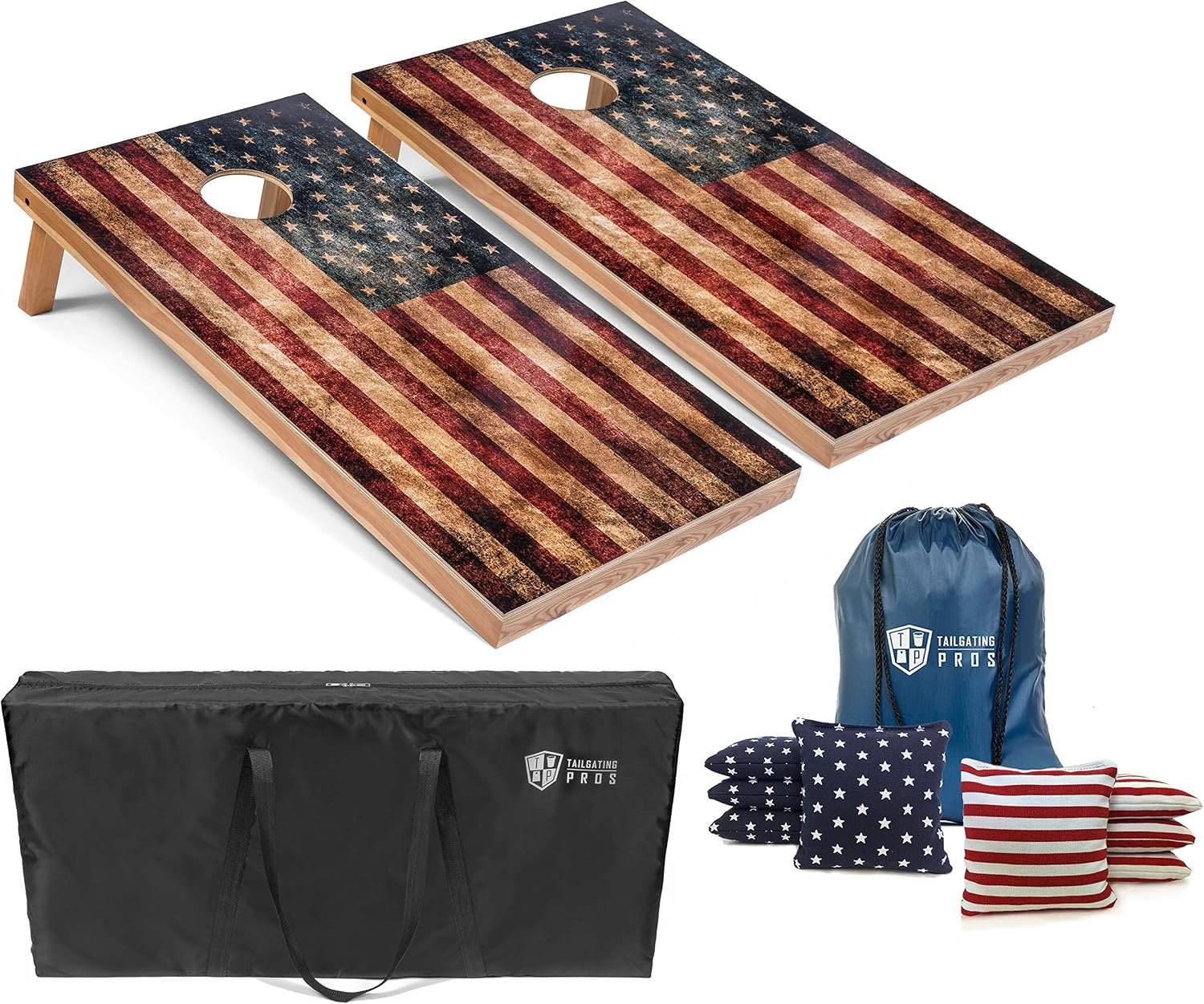 Tailgating Pros Regulation Flag Cornhole Board Sets Includes 8 Bean Bags and Carrying Totes 4’x2′ Flag Toss Game Several Corn Hole Board Designs to Choose from!