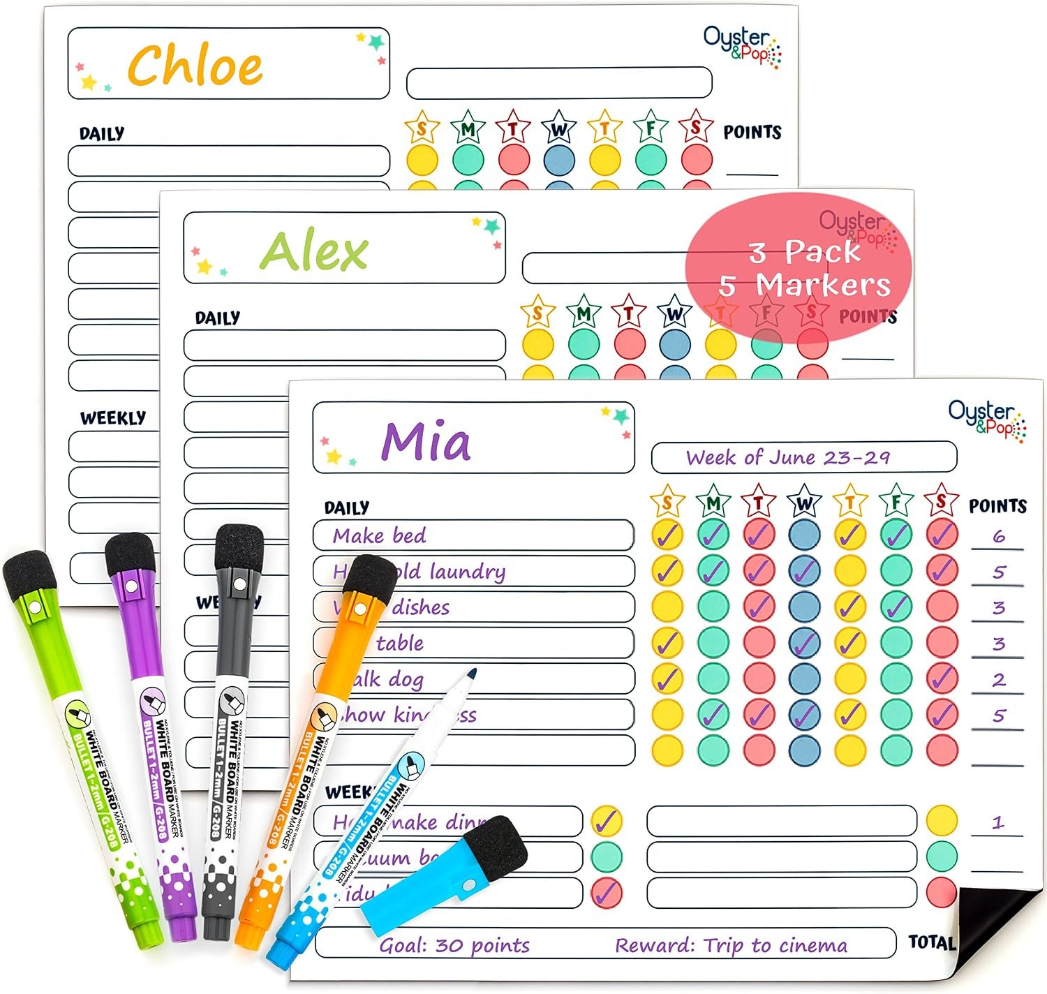 Oyster&Pop Kids Chore Charts for Multiple Kids – 3 Pack Magnetic Dry Erase