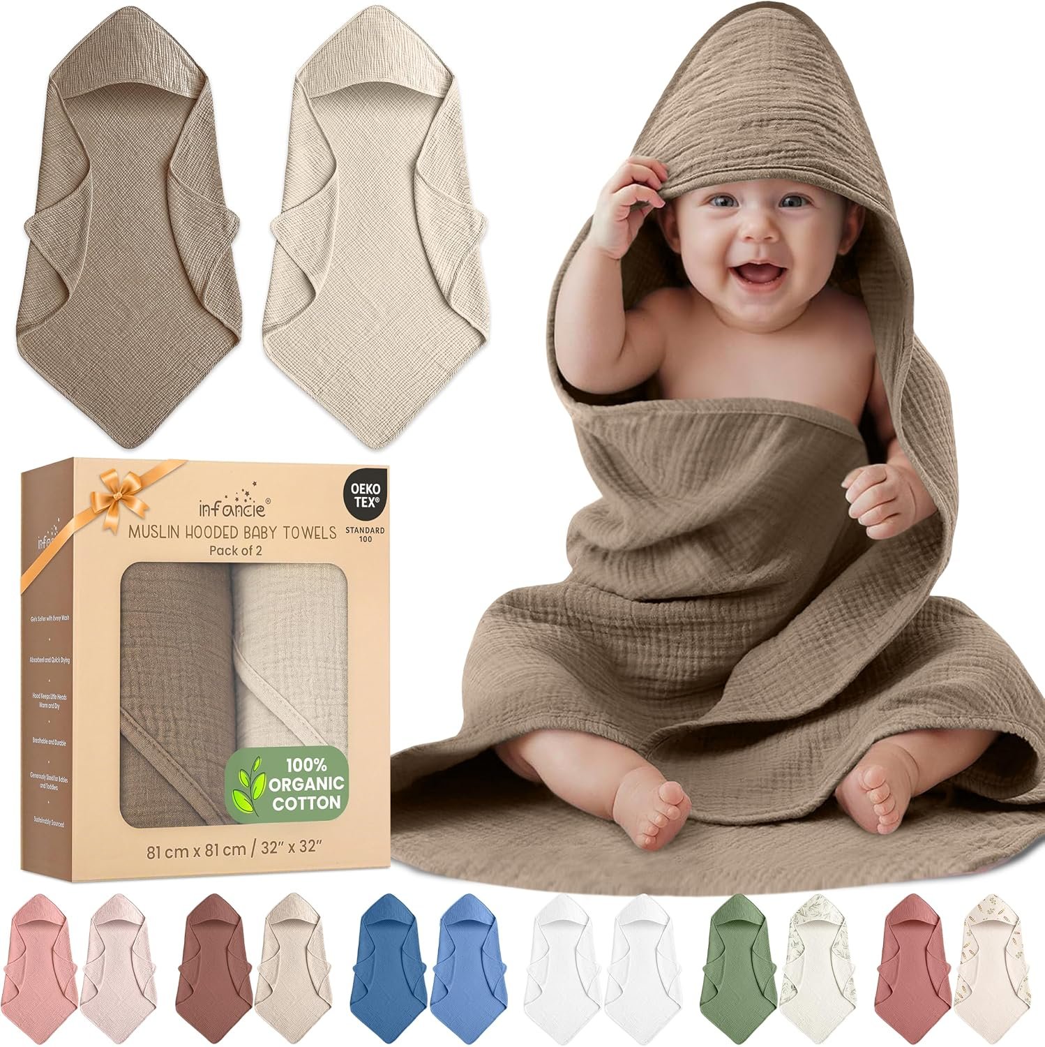 100% Organic Cotton 2 PK Muslin Baby Hooded Towel Toddler 32×32 in