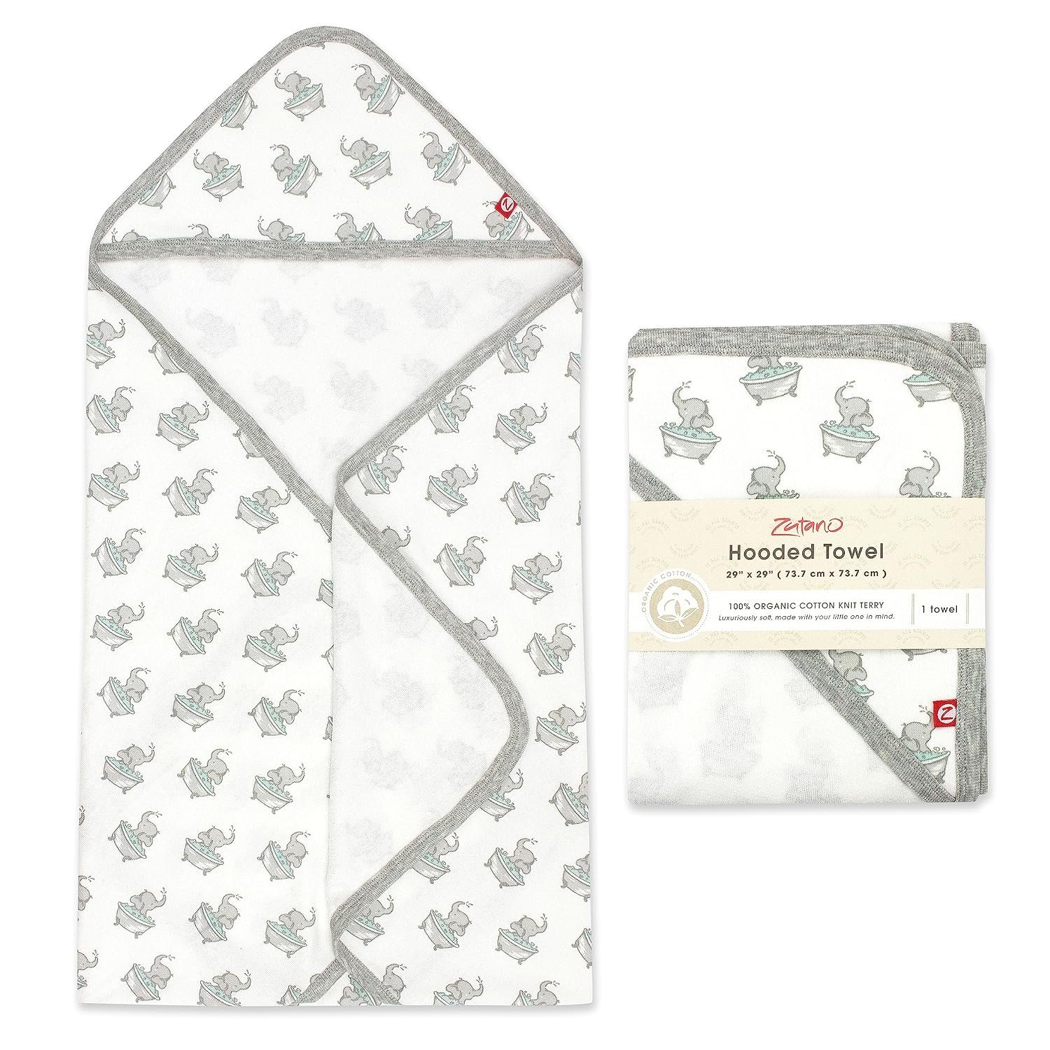 Zutano Hooded Baby Towels, Organic Cotton Baby Bath Towel, Ultra Soft and Absorbent Baby Towel for Newborn and Infant | Girl, Boy, and Unisex Towel Set, Elephant Bath Time, 1-Pack