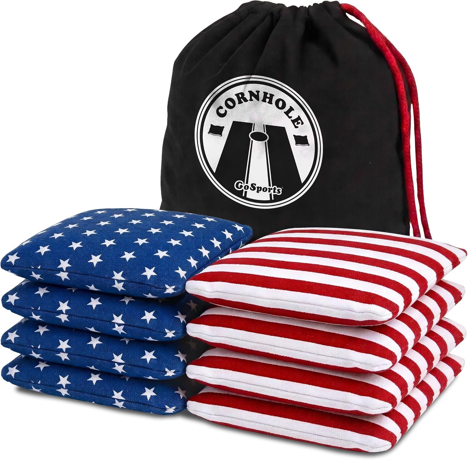 GoSports Official Regulation Cornhole Bean Bags Set of 8 – for Competitive Cornhole Games – All Weather – American Stars and Stripes or Red and Blue