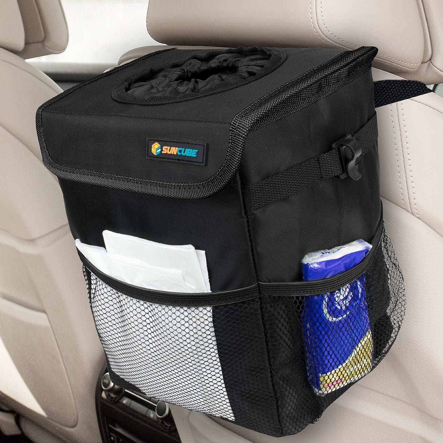 SUN CUBE Waterproof Car Trash Can, Leakproof Hanging Garbage Can, Black