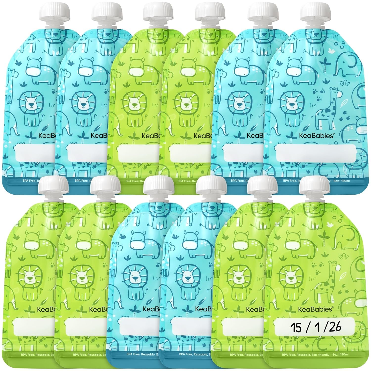 12-Pack Reusable Baby Food Pouches Refillable, 5oz, BPA-Free (Little Zoo)