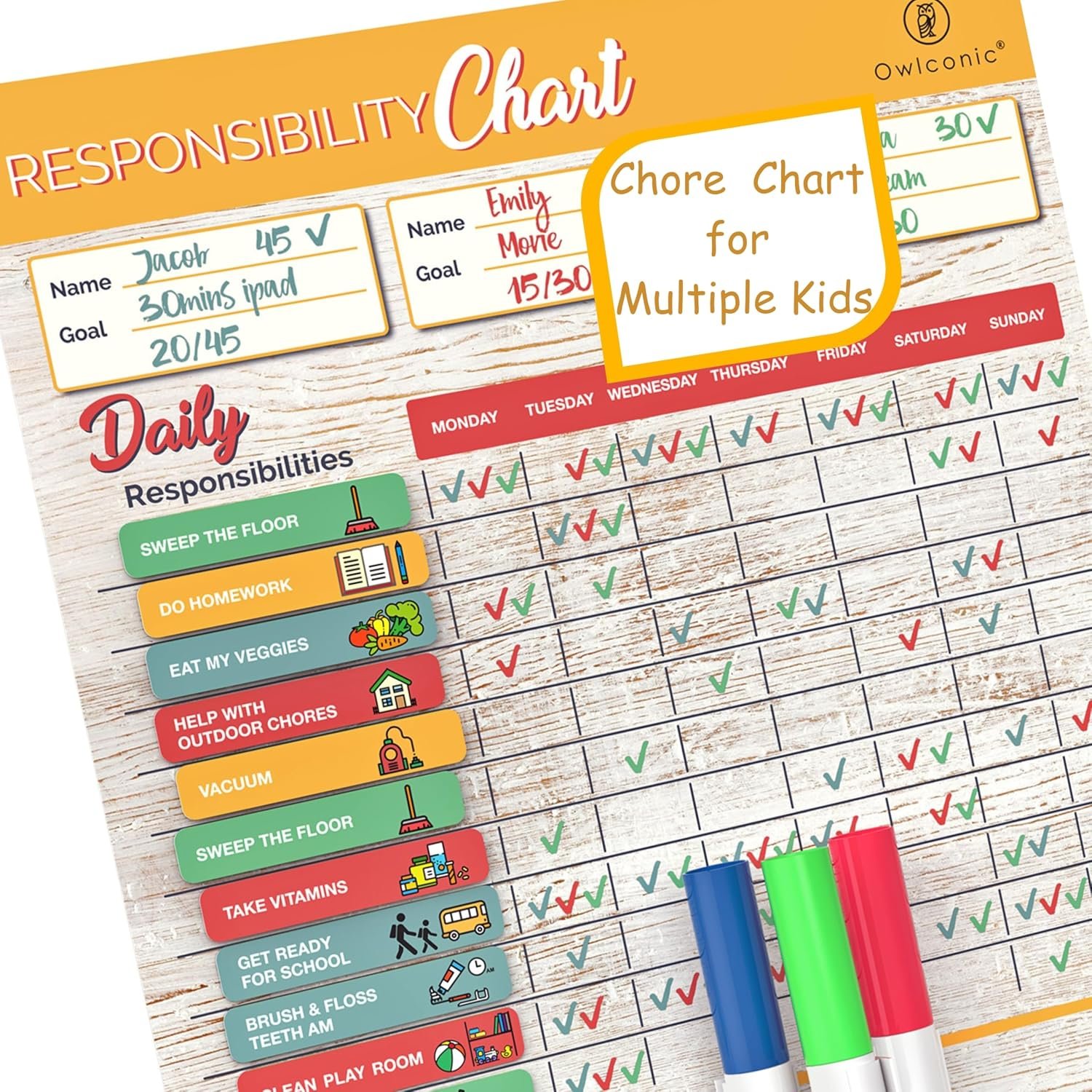 OWLCONIC Large Magnetic Chore Chart for Kids (2–3 Children) – Premium Responsibility & Behavior System – Reusable Family Command Center for Daily Routines, Rewards & Independence