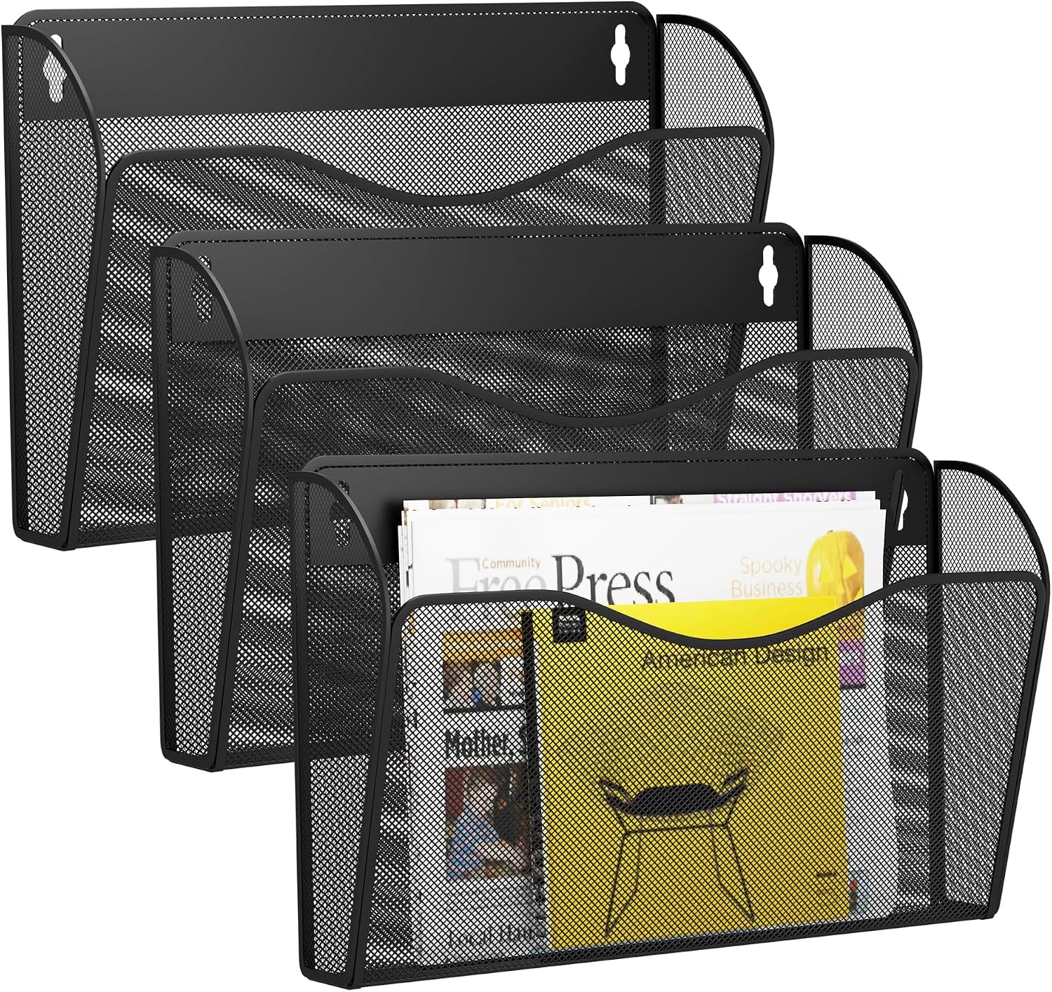 3 Single Pocket Wall File Holder, Mesh Hanging File Folder Paper Organizer, Vertical Wall Mounted Mail Basket, Storage Organization Magazine Rack for Office, Home and School, Black