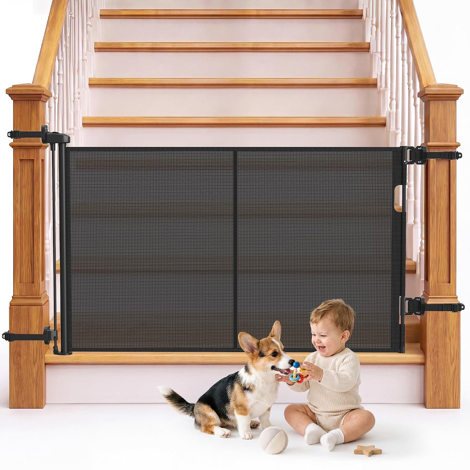 Reinforced Retractable Baby Gate for Stairs & Banister, 55″ Wide Mesh Dog Gate, One-Handed Dual Lock Safety Gate for Kids & Pets, Fits Round & Square Posts (Black)