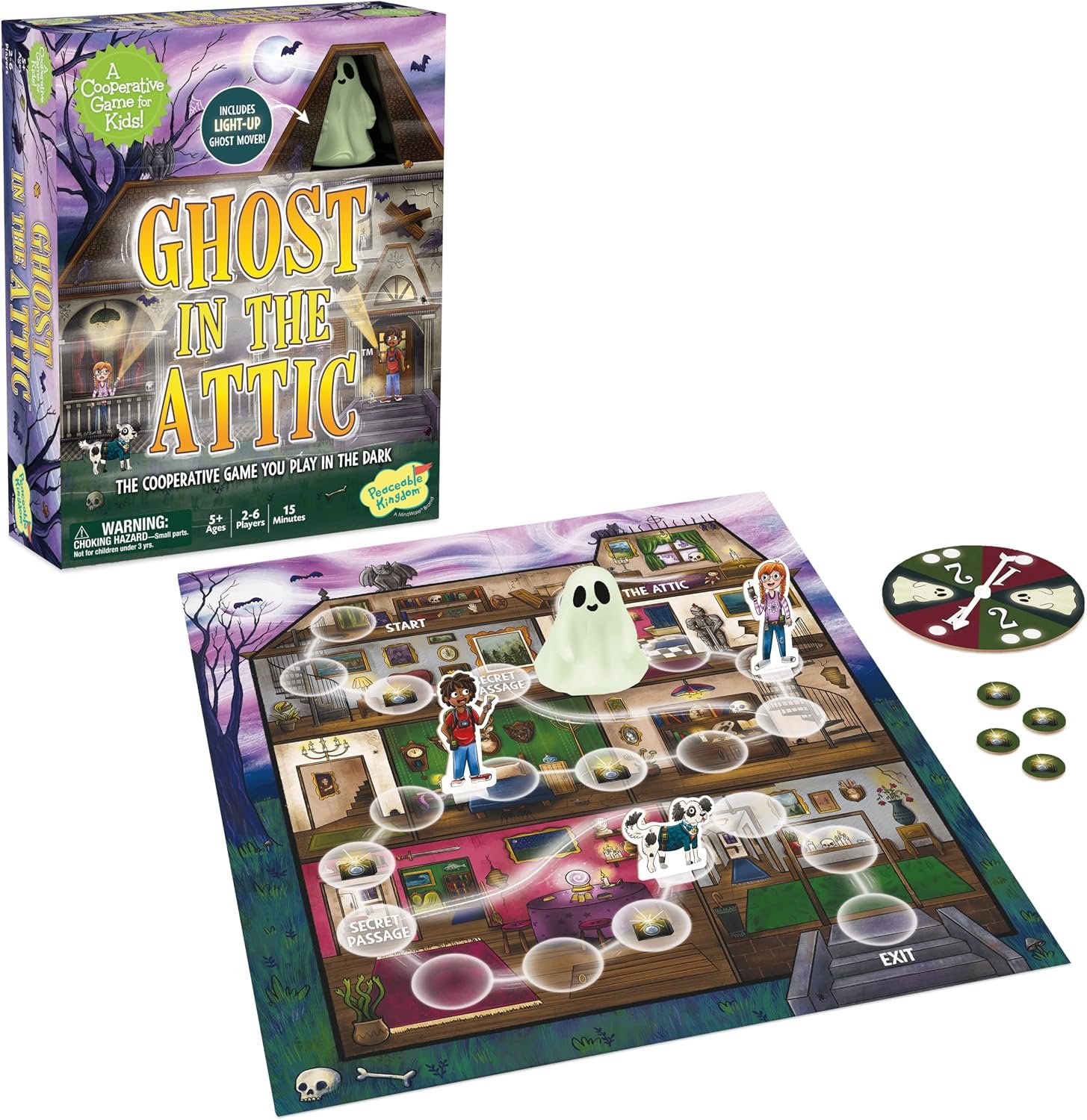 Peaceable Kingdom Ghost in the Attic – Cooperative Board Game for Family Game Night – Unique Glow-in-the-Dark Board Game – Great for Kids Ages 5 & Up