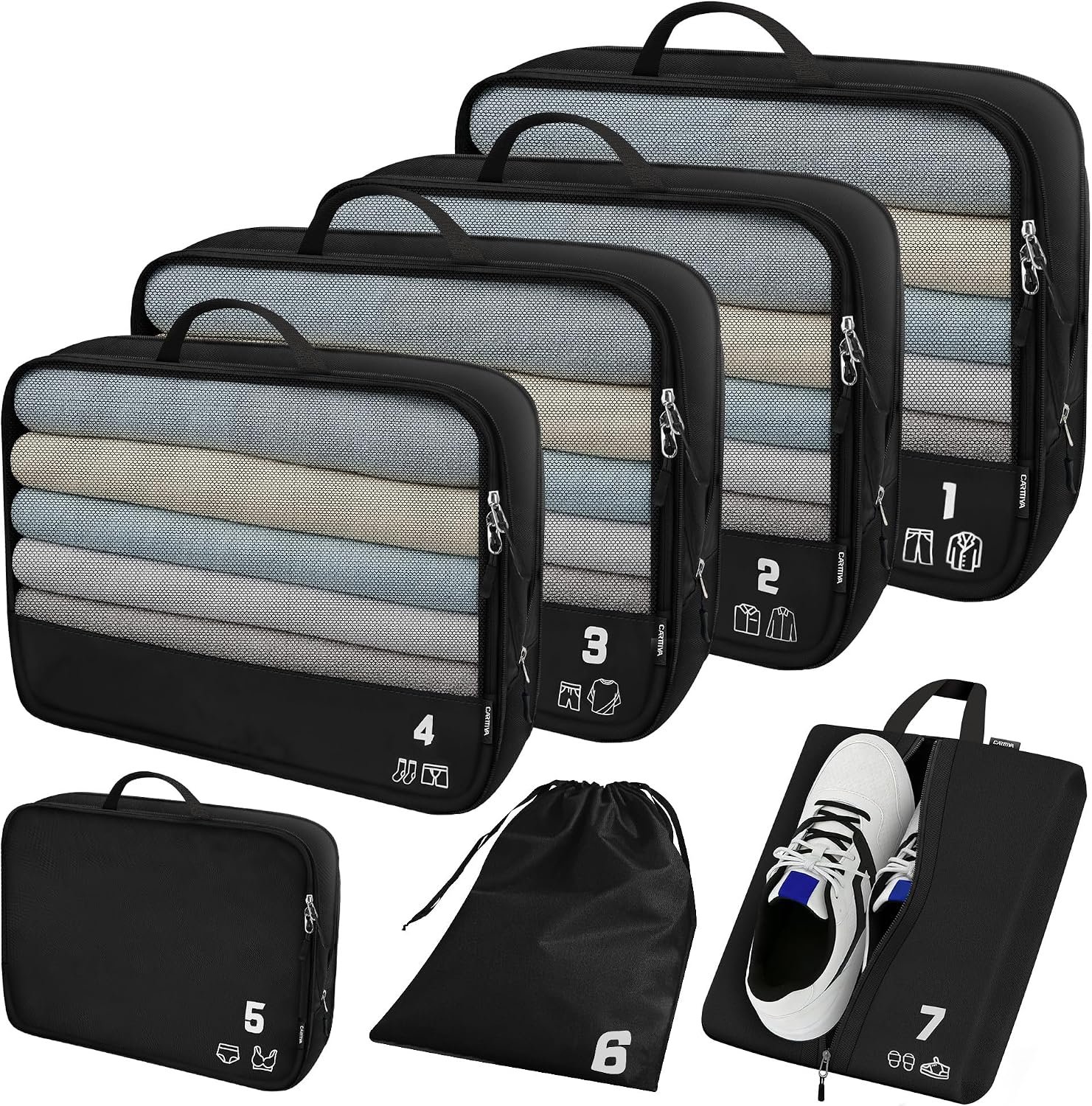 7 Set Compression Packing Cubes for Travel, Luggage Organizer Bags for Suitcases with Mesh Panels, Shoe Bag & Toiletry Bag for Carry On, Vacation & Cruise Essentials (Black)