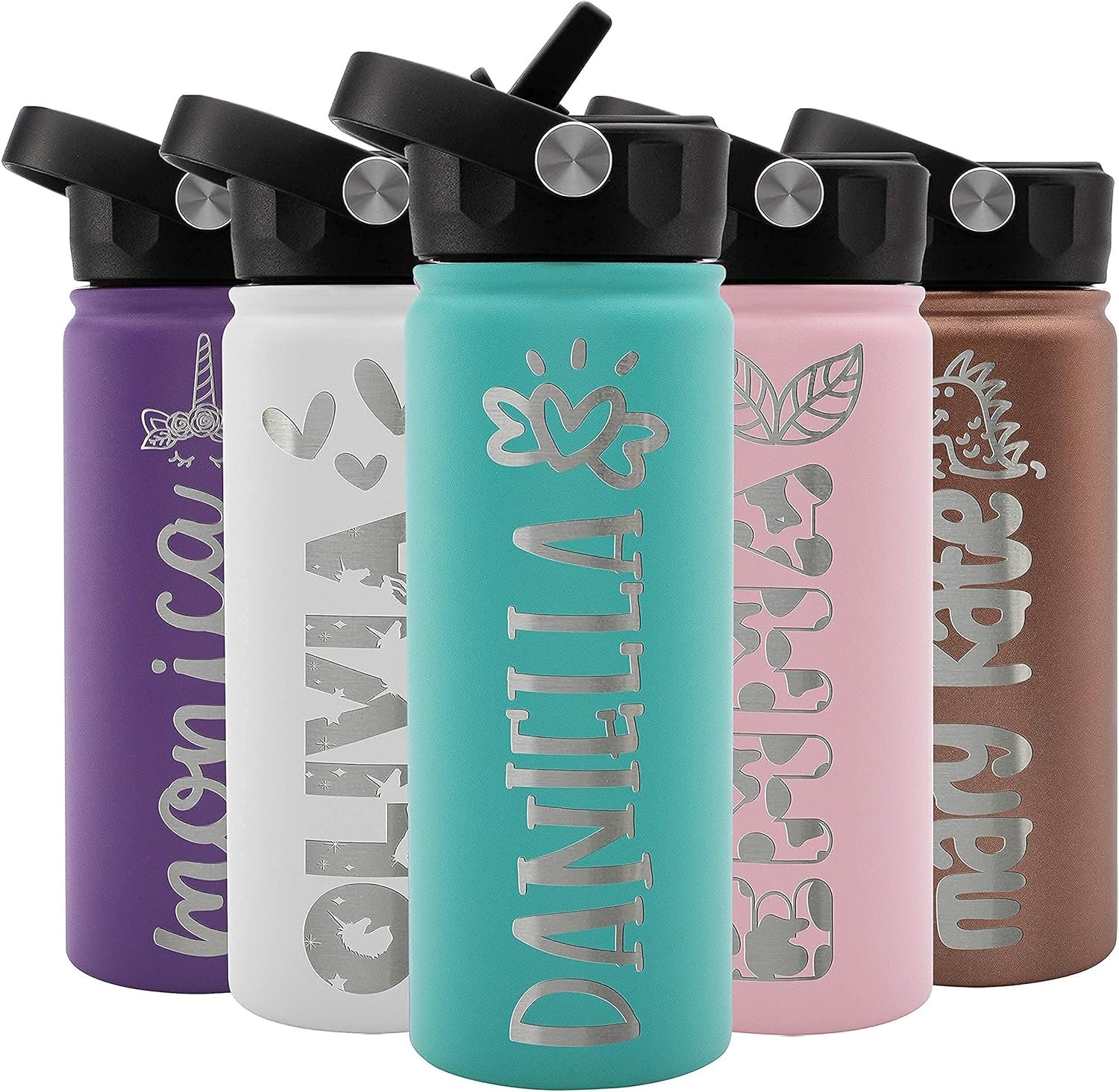 Back To School – Personalized Kids Water Bottle w NAME & 36 ICON FREE ENGRAVING! Custom Toddler Water Bottle for Children | 18 oz – 9 Color | BPA Free – Double Wall Insulated
