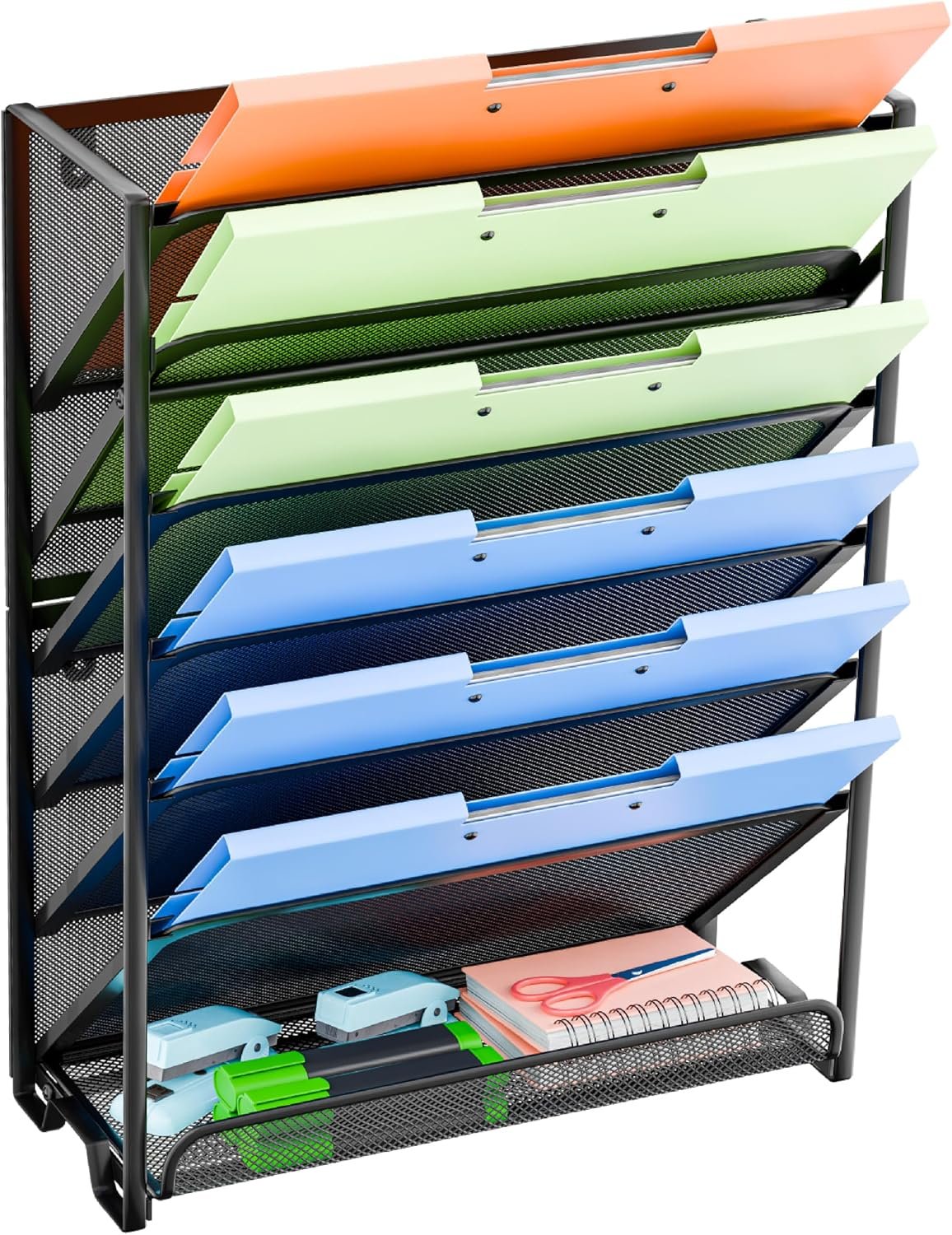 Simple Trending Wall File Organizer, Mesh 7-Tier Vertical Hanging File Holder, Desktop Metal Files Rack for Office and Home, Black