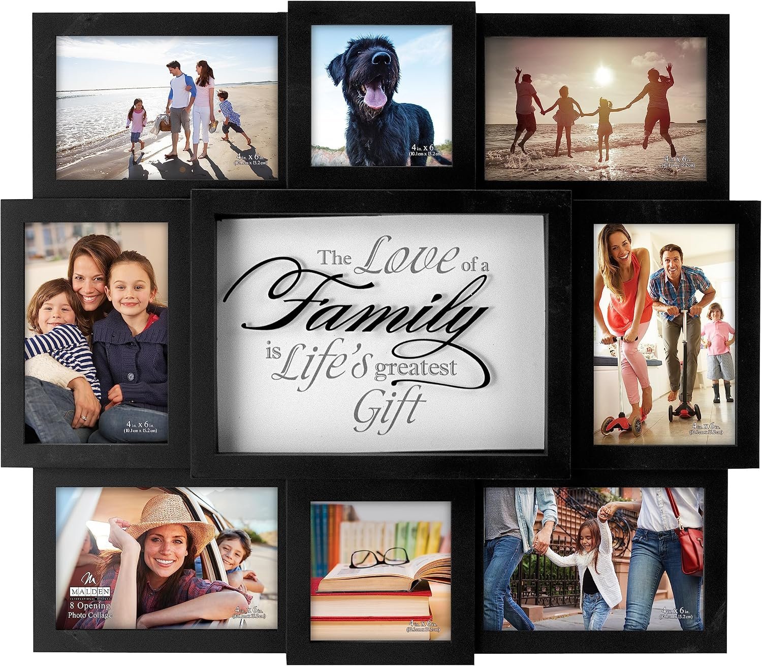 Malden International Designs The Love of a Family Dimensional Collage Black Picture Frame, 8 Option, 6-4×6 & 2-4×4, Black (8308-08)